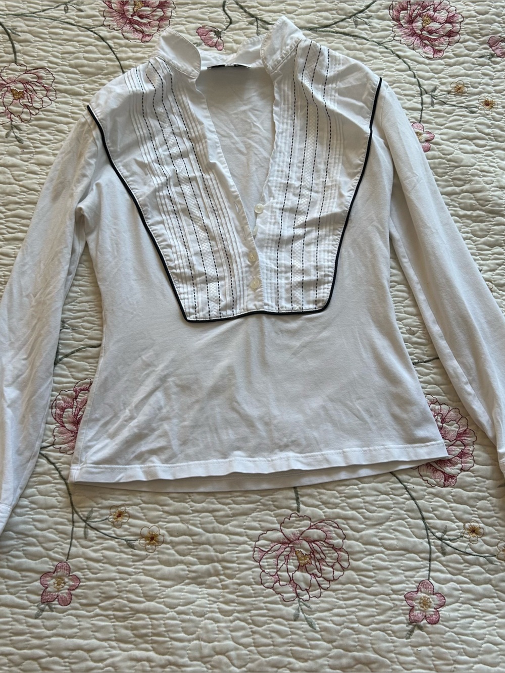 Anne Fontaine White Long-Sleeve Bib Front Top with Black Trim